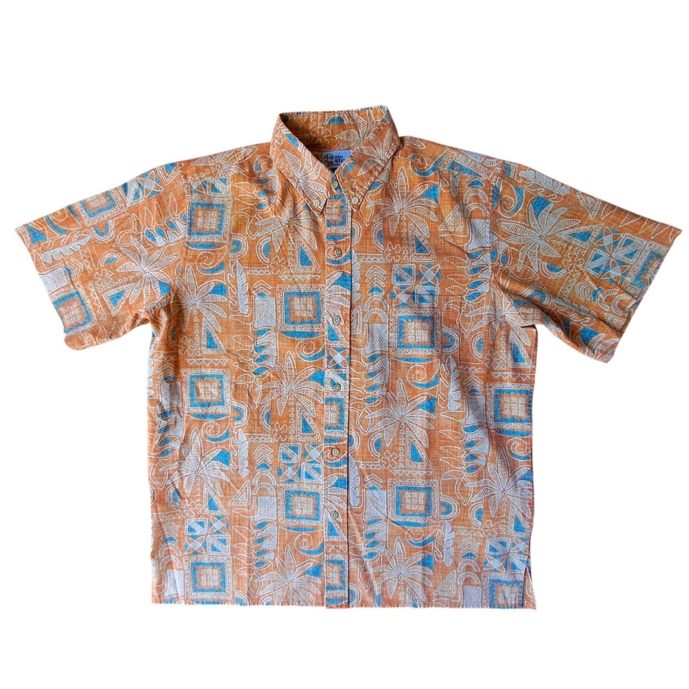 Reyn Spooner Mens Large Orange Blue Geometric Palm Hawaiian Button Down Shirt